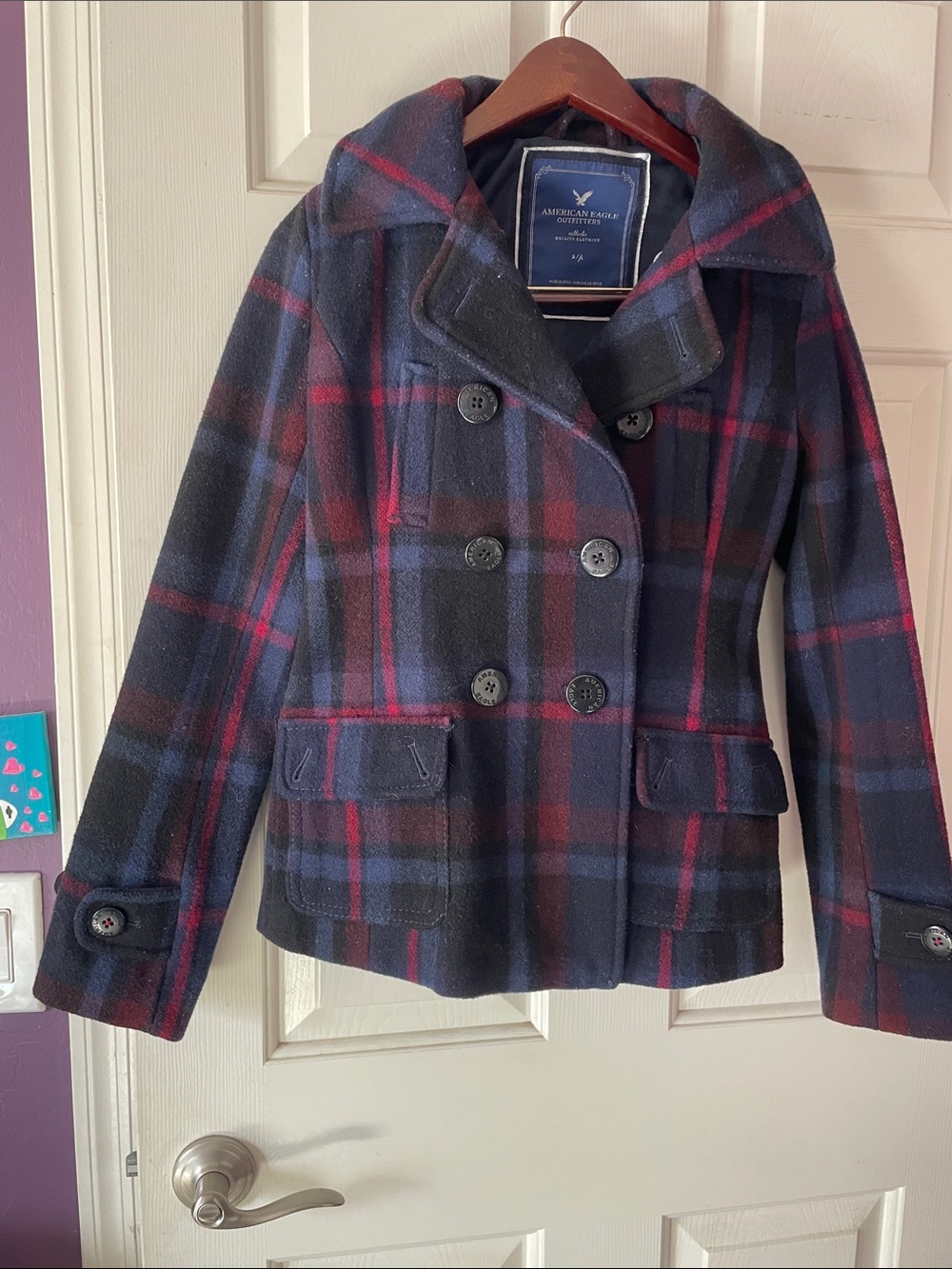 VTG AMERICAN EAGLE OUTFITTERS PLAID PEACOAT